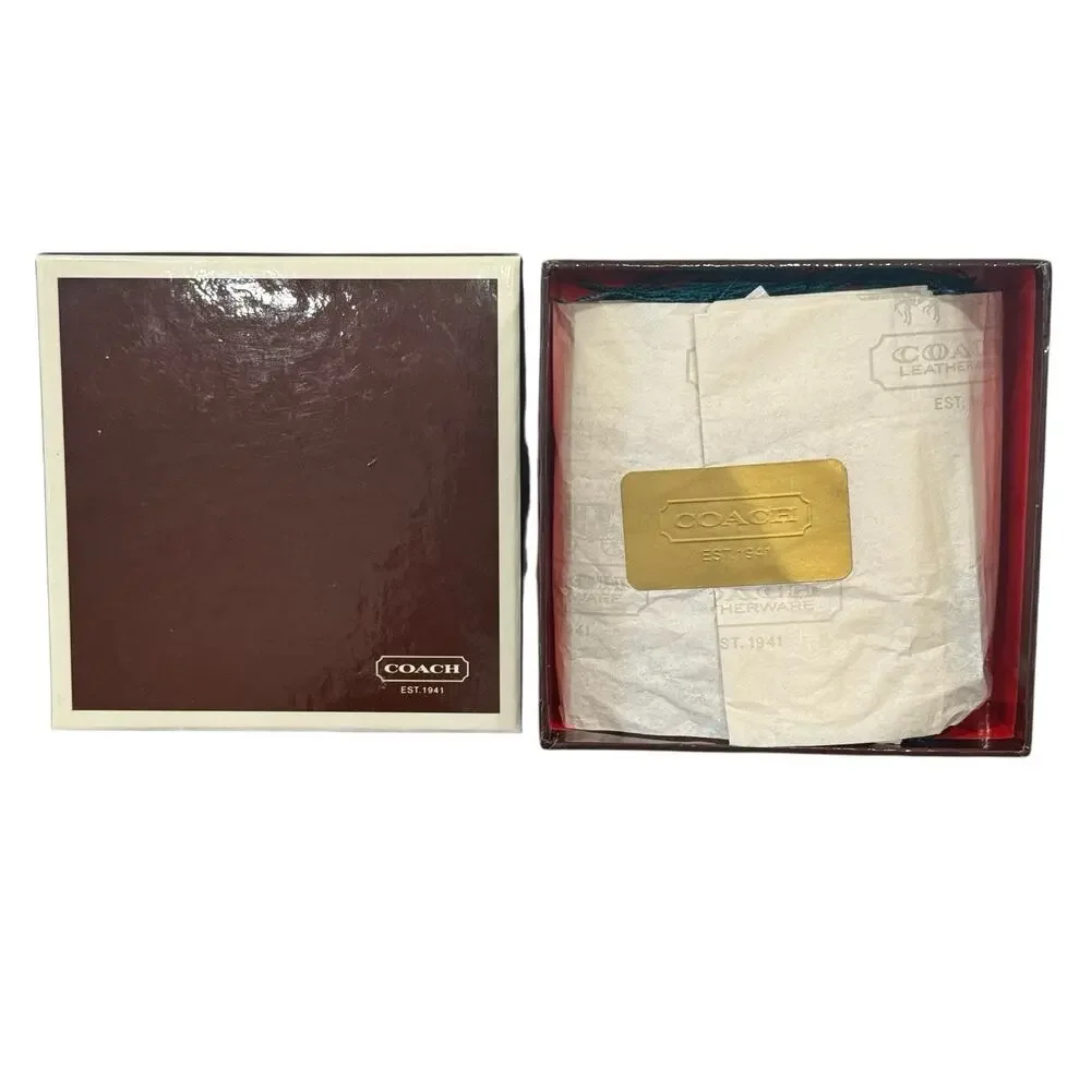 Coach Women 100% Silk Signature Logo Rhinestone Fringe Scarf Teal New With Box - Picture 6 of 8